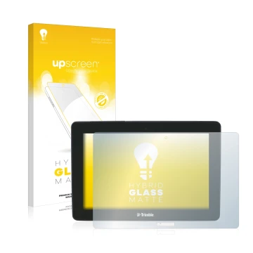 Vorderseite einer Produktverpackung mit dem Markenlogo upscreen. Daneben ist das Gerät Trimble GFX-750 mit dem zugehörigen Dis