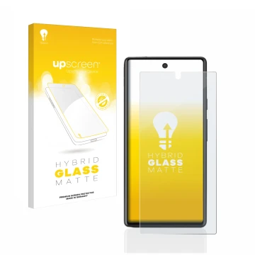 Vorderseite einer Produktverpackung mit dem Markenlogo upscreen. Daneben ist das Gerät Google Pixel 6a mit dem zugehörigen Dis