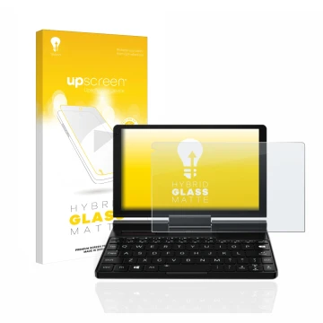 Vorderseite einer Produktverpackung mit dem Markenlogo upscreen. Daneben ist das Gerät GPD Pocket 3 mit dem zugehörigen Displa