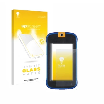 Vorderseite einer Produktverpackung mit dem Markenlogo upscreen. Daneben ist das Gerät Vtech Kidicom Max 3.0 mit dem zugehörig