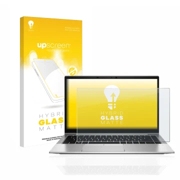 Vorderseite einer Produktverpackung mit dem Markenlogo upscreen. Daneben ist das Gerät HP EliteBook 840 G8 mit dem zugehörigen