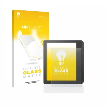 Vorderseite einer Produktverpackung mit dem Markenlogo upscreen. Daneben ist das Gerät Tolino Vision 6 mit dem zugehörigen Dis