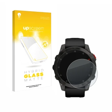 Vorderseite einer Produktverpackung mit dem Markenlogo upscreen. Daneben ist das Gerät Garmin epix (Gen. 2) mit dem zugehörige