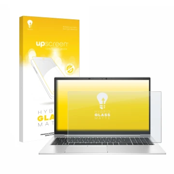 Vorderseite einer Produktverpackung mit dem Markenlogo upscreen. Daneben ist das Gerät HP EliteBook 850 G8 mit dem zugehörigen