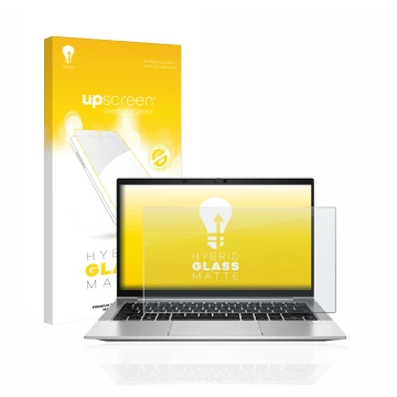 Vorderseite einer Produktverpackung mit dem Markenlogo upscreen. Daneben ist das Gerät HP EliteBook 830 G8 mit dem zugehörigen