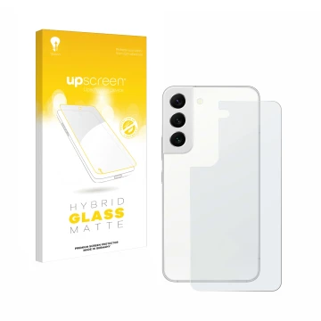 Vorderseite einer Produktverpackung mit dem Markenlogo upscreen. Daneben ist das Gerät Samsung Galaxy S22 5G (Rückseite) mit d