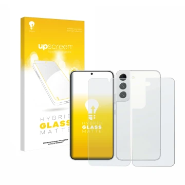 Vorderseite einer Produktverpackung mit dem Markenlogo upscreen. Daneben ist das Gerät Samsung Galaxy S22 5G (Display+Rückseit