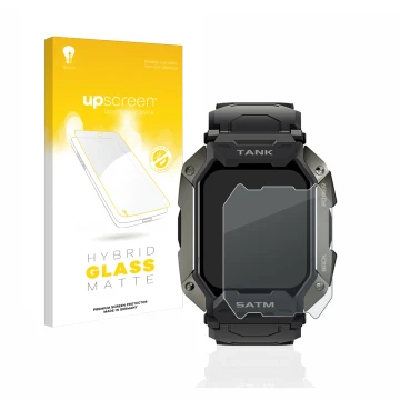 Vorderseite einer Produktverpackung mit dem Markenlogo upscreen. Daneben ist das Gerät Kospet Tank M1 mit dem zugehörigen Disp