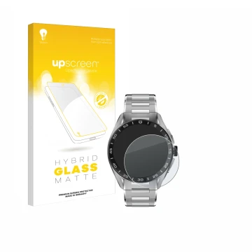 Vorderseite einer Produktverpackung mit dem Markenlogo upscreen. Daneben ist das Gerät TAG Heuer Connected Calibre E4 (45 mm) 