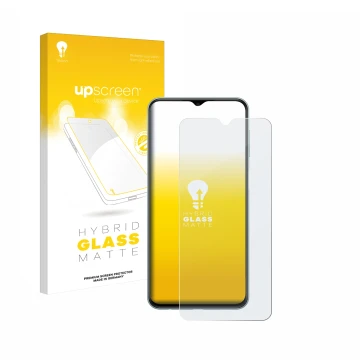 Vorderseite einer Produktverpackung mit dem Markenlogo upscreen. Daneben ist das Gerät Samsung Galaxy M23 mit dem zugehörigen 