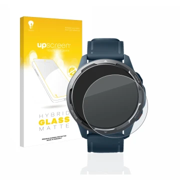 Vorderseite einer Produktverpackung mit dem Markenlogo upscreen. Daneben ist das Gerät Xiaomi Watch S1 Active mit dem zugehöri