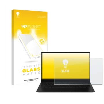 Vorderseite einer Produktverpackung mit dem Markenlogo upscreen. Daneben ist das Gerät Samsung Galaxy Book2 Pro 13.3