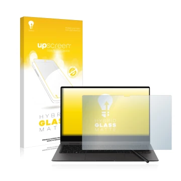 Vorderseite einer Produktverpackung mit dem Markenlogo upscreen. Daneben ist das Gerät Samsung Galaxy Book2 Pro 360 13.3