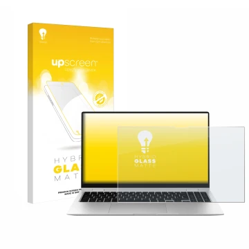 Vorderseite einer Produktverpackung mit dem Markenlogo upscreen. Daneben ist das Gerät Samsung Galaxy Book2 Pro 360 15.6