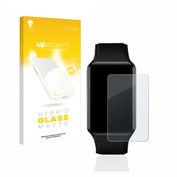 Vorderseite einer Produktverpackung mit dem Markenlogo upscreen. Daneben ist das Gerät Oppo Watch Free mit dem zugehörigen Dis