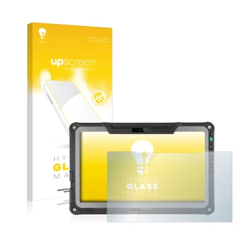 Vorderseite einer Produktverpackung mit dem Markenlogo upscreen. Daneben ist das Gerät Getac F110 G6 mit dem zugehörigen Displ