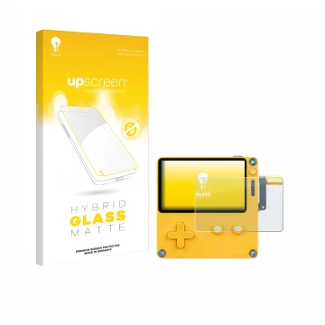 Vorderseite einer Produktverpackung mit dem Markenlogo upscreen. Daneben ist das Gerät Panic Playdate mit dem zugehörigen Disp