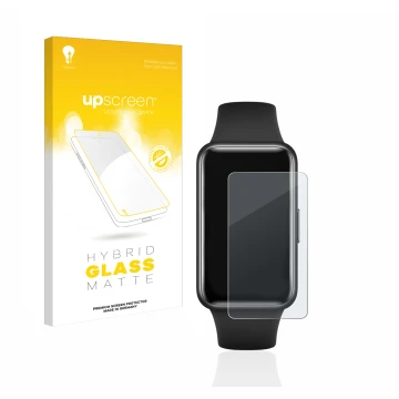 Vorderseite einer Produktverpackung mit dem Markenlogo upscreen. Daneben ist das Gerät Huawei Band 7 mit dem zugehörigen Displ