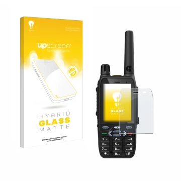 Vorderseite einer Produktverpackung mit dem Markenlogo upscreen. Daneben ist das Gerät Motorola MXP600 mit dem zugehörigen Dis