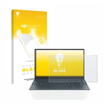 Vorderseite einer Produktverpackung mit dem Markenlogo upscreen. Daneben ist das Gerät ASUS ZenBook 13 OLED mit dem zugehörige