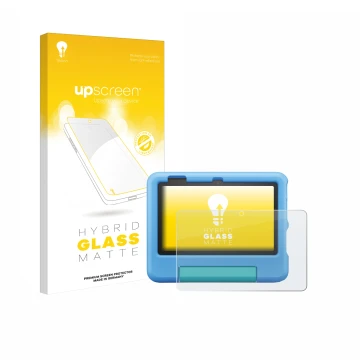 Vorderseite einer Produktverpackung mit dem Markenlogo upscreen. Daneben ist das Gerät Amazon Fire 7 Kids 2022 mit dem zugehör