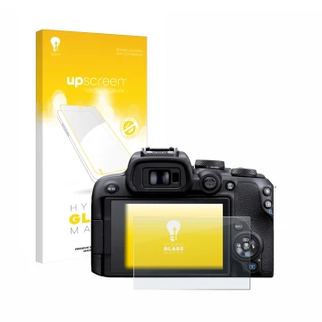 Vorderseite einer Produktverpackung mit dem Markenlogo upscreen. Daneben ist das Gerät Canon EOS R10 mit dem zugehörigen Displ