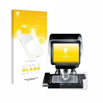 Vorderseite einer Produktverpackung mit dem Markenlogo upscreen. Daneben ist das Gerät Keyence LM-1100 Glasplatte mit dem zuge