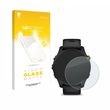 Vorderseite einer Produktverpackung mit dem Markenlogo upscreen. Daneben ist das Gerät Garmin Forerunner 255 Music mit dem zug