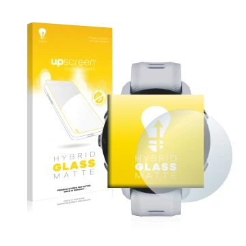 Vorderseite einer Produktverpackung mit dem Markenlogo upscreen. Daneben ist das Gerät Garmin Forerunner 955 Solar mit dem zug