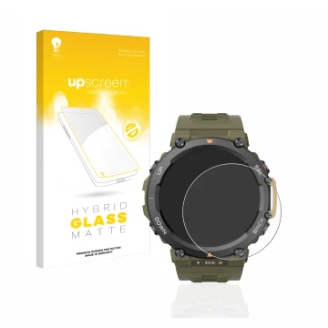 Vorderseite einer Produktverpackung mit dem Markenlogo upscreen. Daneben ist das Gerät Huami Amazfit T-Rex 2 mit dem zugehörig