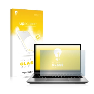 Vorderseite einer Produktverpackung mit dem Markenlogo upscreen. Daneben ist das Gerät HP ProBook 640 G8 mit dem zugehörigen D