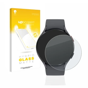 Vorderseite einer Produktverpackung mit dem Markenlogo upscreen. Daneben ist das Gerät Samsung Galaxy Watch 5 (44mm) mit dem z