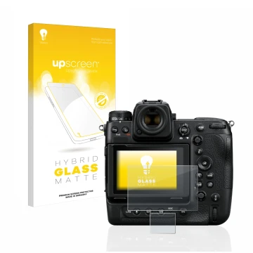 Vorderseite einer Produktverpackung mit dem Markenlogo upscreen. Daneben ist das Gerät Nikon Z 9 (Display + Schulterdisplay) m