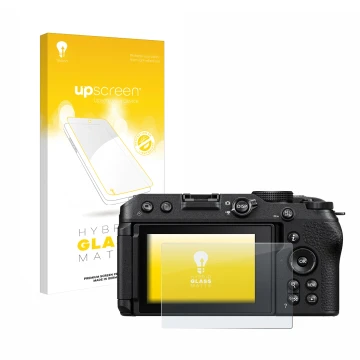 Vorderseite einer Produktverpackung mit dem Markenlogo upscreen. Daneben ist das Gerät Nikon Z 30 mit dem zugehörigen Displays