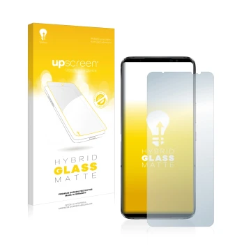 Vorderseite einer Produktverpackung mit dem Markenlogo upscreen. Daneben ist das Gerät ASUS ROG Phone 6 mit dem zugehörigen Di