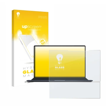 Vorderseite einer Produktverpackung mit dem Markenlogo upscreen. Daneben ist das Gerät ASUS ZenBook Pro 14 Duo OLED UX8402 mit