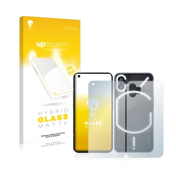 Vorderseite einer Produktverpackung mit dem Markenlogo upscreen. Daneben ist das Gerät Nothing Phone (1) (Display+Rückseite) m