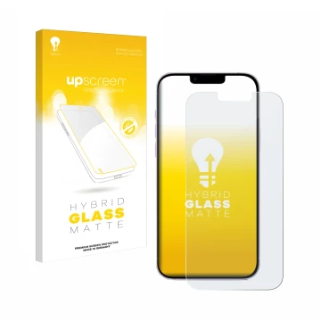 Vorderseite einer Produktverpackung mit dem Markenlogo upscreen. Daneben ist das Gerät Apple iPhone 14 Plus mit dem zugehörige