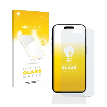 Vorderseite einer Produktverpackung mit dem Markenlogo upscreen. Daneben ist das Gerät Apple iPhone 14 Pro mit dem zugehörigen