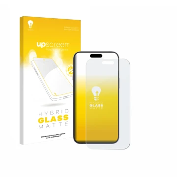 Vorderseite einer Produktverpackung mit dem Markenlogo upscreen. Daneben ist das Gerät Apple iPhone 14 Pro Max mit dem zugehör