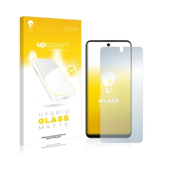 Vorderseite einer Produktverpackung mit dem Markenlogo upscreen. Daneben ist das Gerät Motorola Moto G32 mit dem zugehörigen D