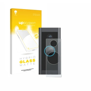 Vorderseite einer Produktverpackung mit dem Markenlogo upscreen. Daneben ist das Gerät Ring Video Doorbell Wired mit dem zugeh