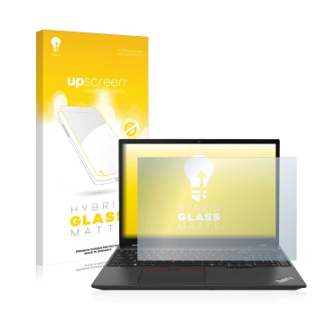 Vorderseite einer Produktverpackung mit dem Markenlogo upscreen. Daneben ist das Gerät Lenovo ThinkPad T16 Gen 1 16