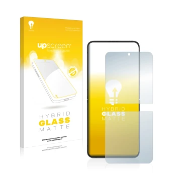 Vorderseite einer Produktverpackung mit dem Markenlogo upscreen. Daneben ist das Gerät Samsung Galaxy Z Flip 4 mit dem zugehör