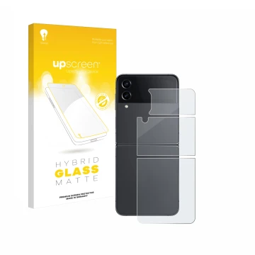 Vorderseite einer Produktverpackung mit dem Markenlogo upscreen. Daneben ist das Gerät Samsung Galaxy Z Flip 4 (Rückseite) mit