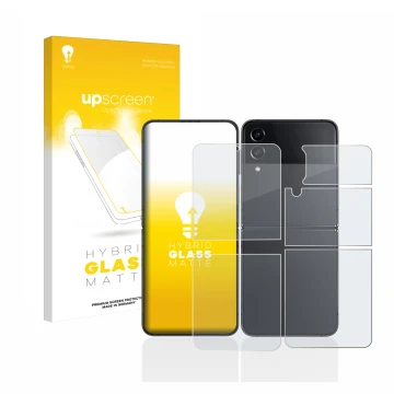 Vorderseite einer Produktverpackung mit dem Markenlogo upscreen. Daneben ist das Gerät Samsung Galaxy Z Flip 4 (Display+Rückse