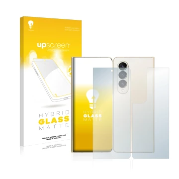 Vorderseite einer Produktverpackung mit dem Markenlogo upscreen. Daneben ist das Gerät Samsung Galaxy Z Fold 4 (Display+Rückse