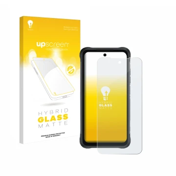 Vorderseite einer Produktverpackung mit dem Markenlogo upscreen. Daneben ist das Gerät Umidigi Bison 2 mit dem zugehörigen Dis