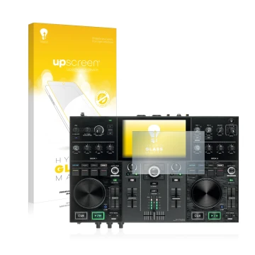 Vorderseite einer Produktverpackung mit dem Markenlogo upscreen. Daneben ist das Gerät Denon DJ Prime Go mit dem zugehörigen D