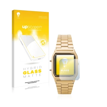 Vorderseite einer Produktverpackung mit dem Markenlogo upscreen. Daneben ist das Gerät Casio AQ-230GA mit dem zugehörigen Disp